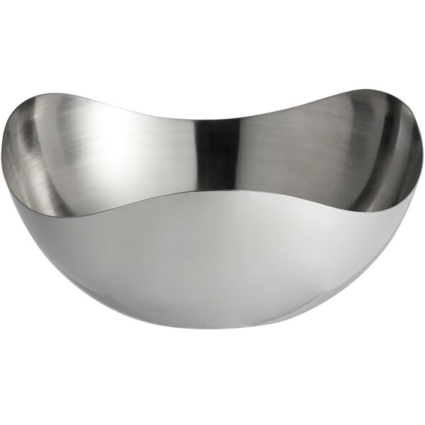 A silver Libbey brushed metal bowl with a curved edge.