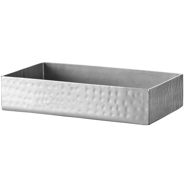 A silver rectangular Libbey stainless steel condiment caddy with a hammered surface.