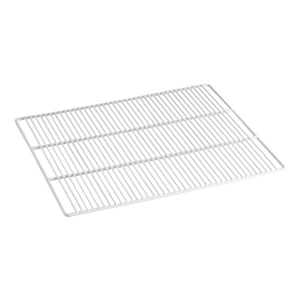 A rectangular metal wire shelf designed for use as a bottom shelf in a deli case.