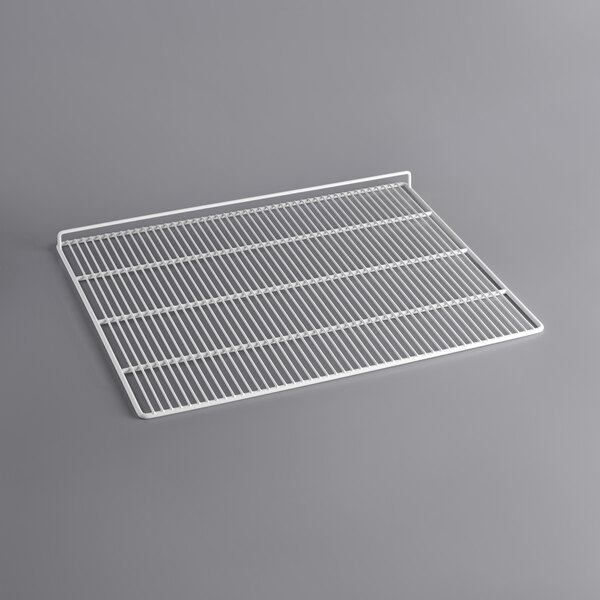 A white metal grid shelf for a deli case.