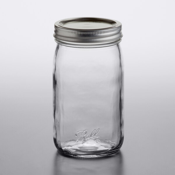 Ball 1440067500 32 oz. Quart Wide Mouth Smooth Sided Glass Canning Jar with Silver Metal Lid and