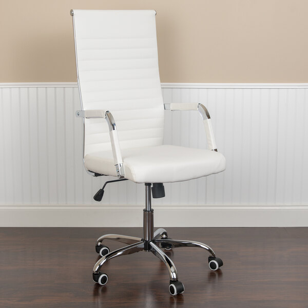 Flash Furniture H-LC-2787L-1-WH-GG High-Back White Ribbed Leather Executive Swivel Office Chair with Padded Arms and Coat Rack