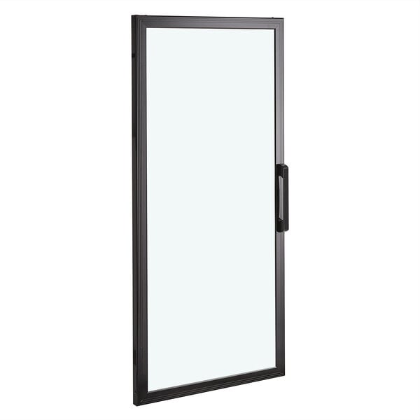 A black rectangular door with a white glass window.