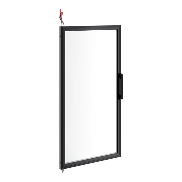 A black metal door with a white rectangular window