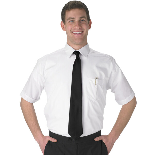 A man wearing a Henry Segal white short sleeve dress shirt and black tie.