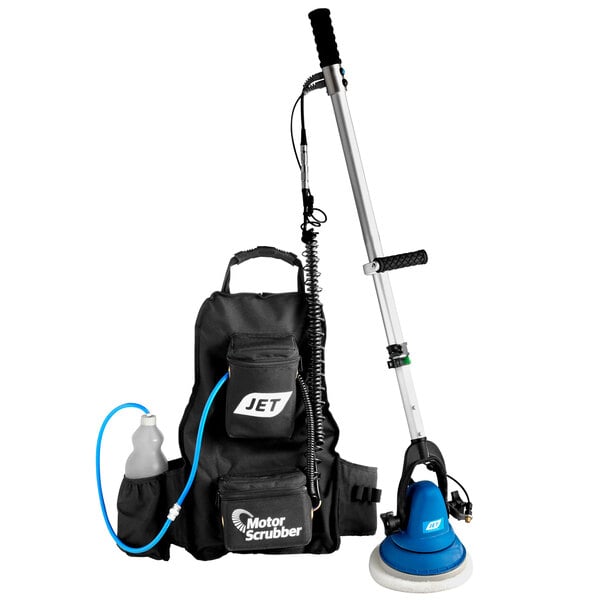 A MotorScrubber cordless hand held disc floor scrubber with a black jet washer.