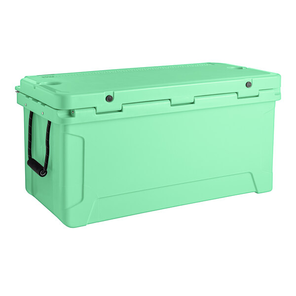 A seafoam green CaterGator outdoor cooler with black handles and a lid.