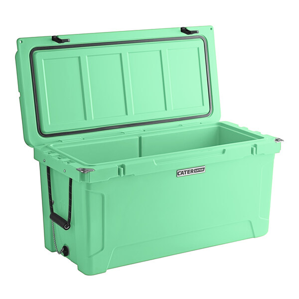 A CaterGator seafoam green cooler with the lid open.
