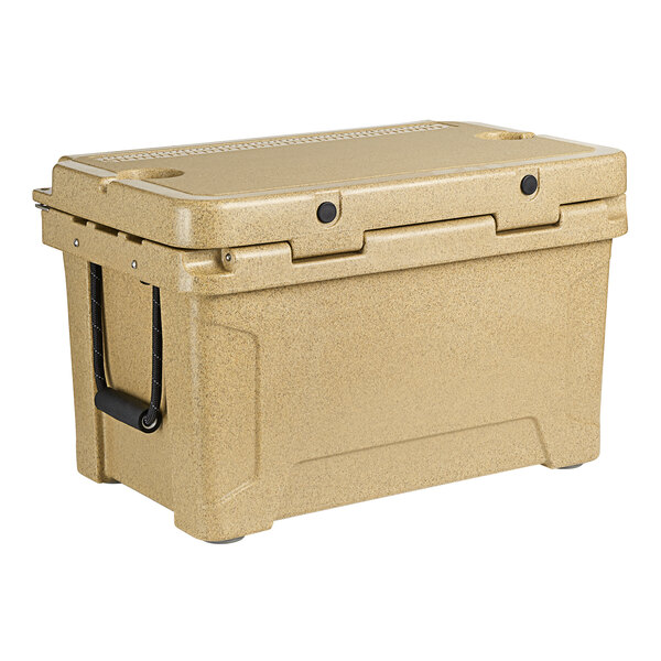 a tan cooler with black handle