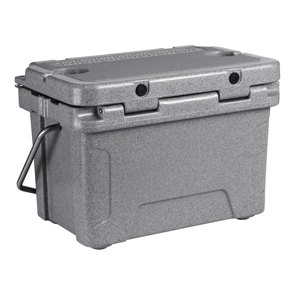 A gray CaterGator outdoor cooler with two handles and a lid.