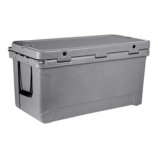 A gray CaterGator outdoor cooler with a black lid and black strap.