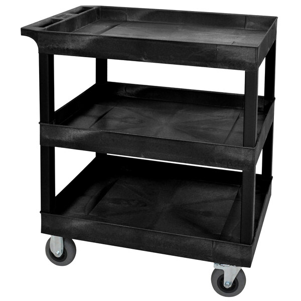 Luxor EC111SP5B Black Three Tub Shelf Utility Cart with 5" Casters