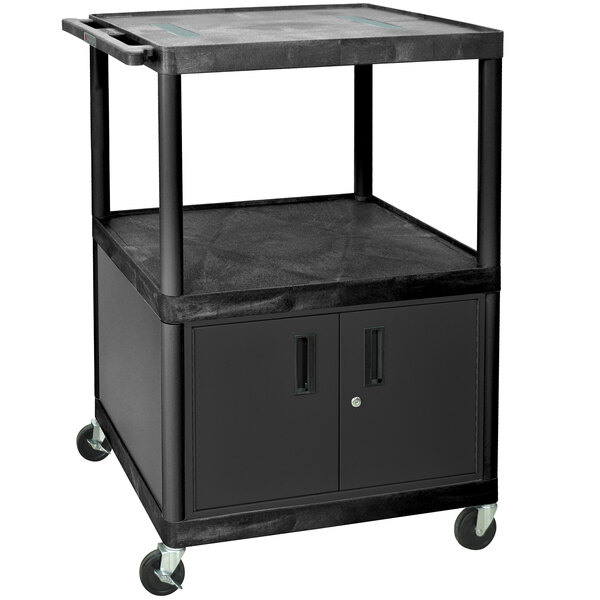 A black Luxor utility cart with a locking cabinet and two shelves.