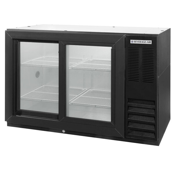 A black Beverage-Air wine refrigerator with sliding glass doors and two shelves.