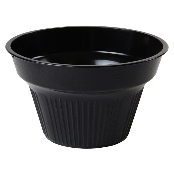 A case of 24 black plastic Fineline pedestal bowls.