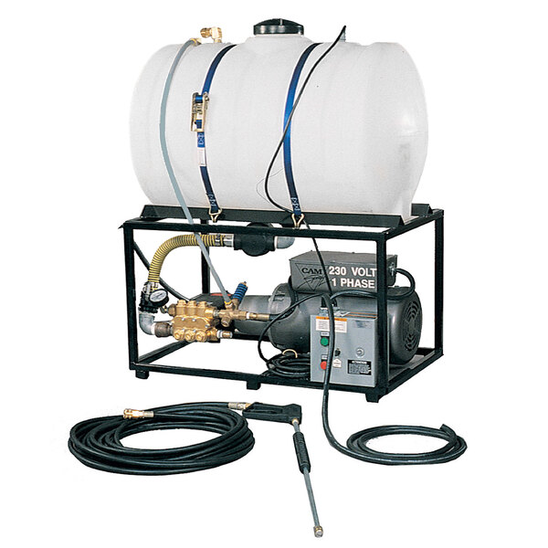 A Cam Spray industrial base mount cold water pressure washer with hoses attached to it.