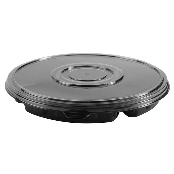 A black Fineline plastic tray with a clear lid.