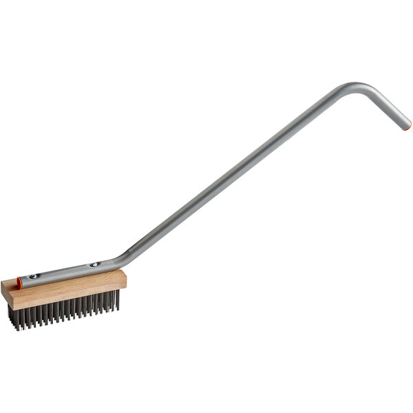 A Prince Castle medium bristle charbroiler cleaning brush with a curved wooden handle.