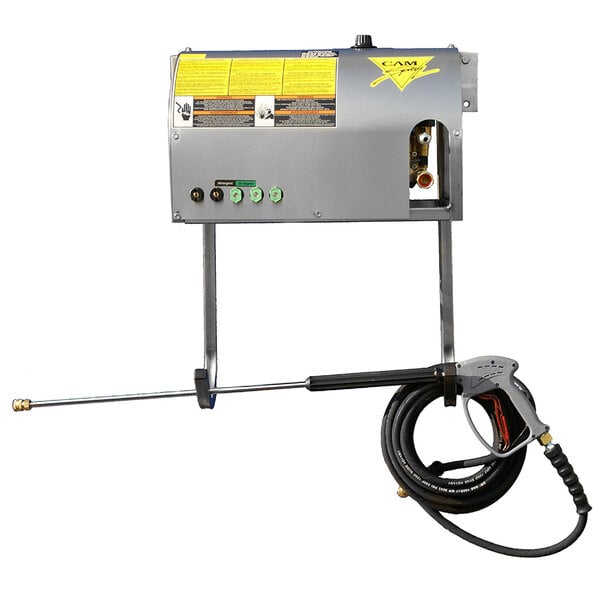 A Cam Spray wall mount pressure washer with a hose attached.