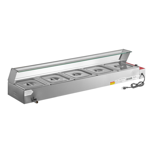 An electric bain marie buffet countertop food warmer with five half-size wells and a glass sneeze guard.