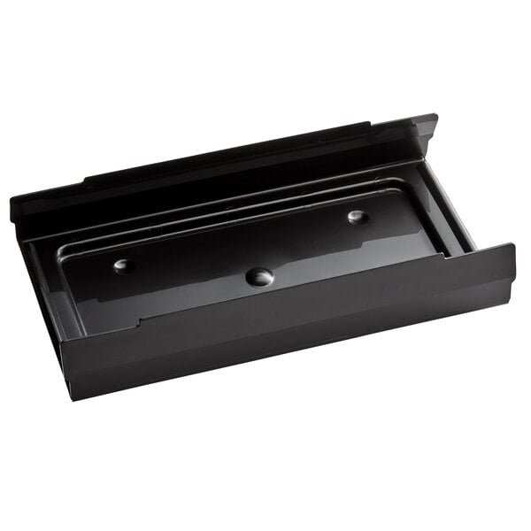A black rectangular Prince Castle food pan cover with two holes.