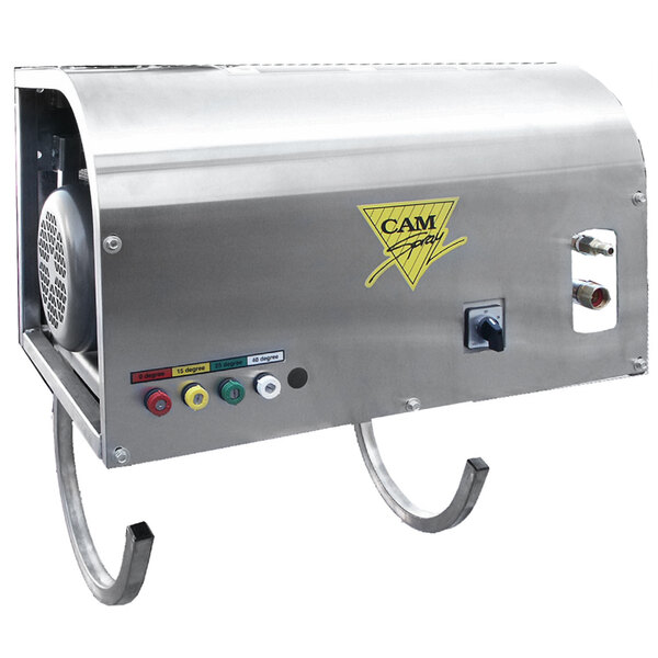 A silver Cam Spray wall mount pressure washer machine with buttons and switches.