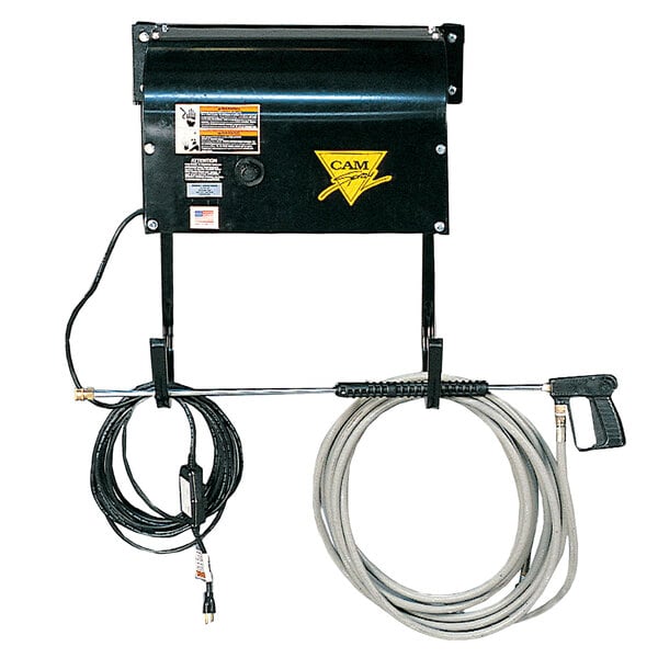 A white Cam Spray wall mounted pressure washer with a hose and pump attached.