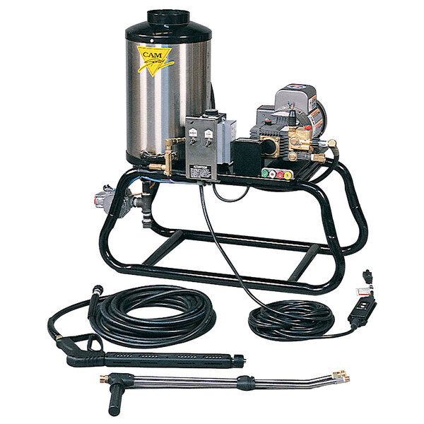 A Cam Spray stationary natural gas fired electric hot water pressure washer with a hose attached.