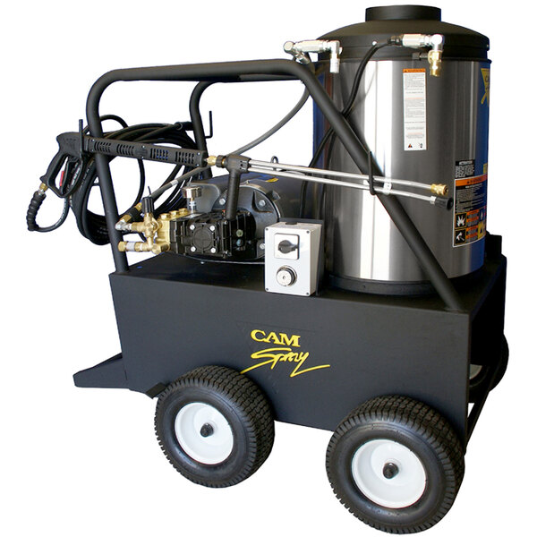 A Cam Spray portable electric hot water pressure washer with wheels and a hose attached.