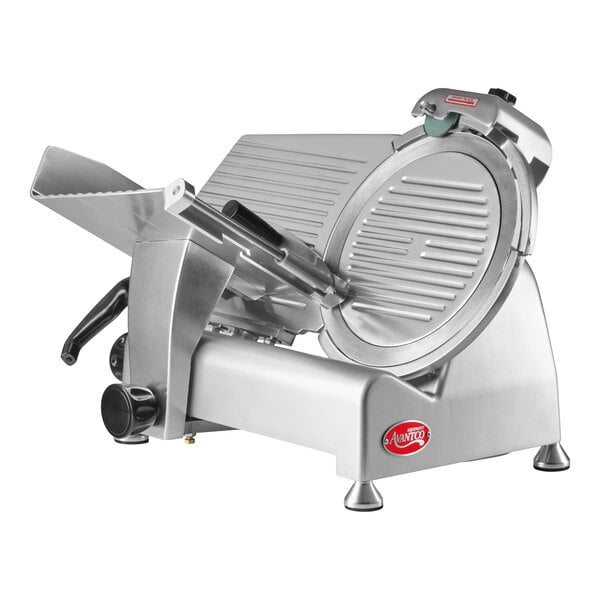 A commercial-grade metal meat slicer with a circular blade and adjustable thickness guide.