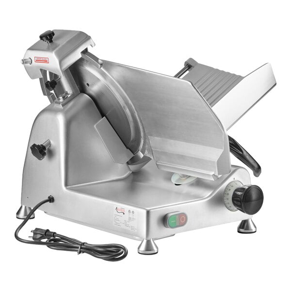 A stainless steel electric meat slicer with a circular blade, adjustable thickness dial, and power cord.