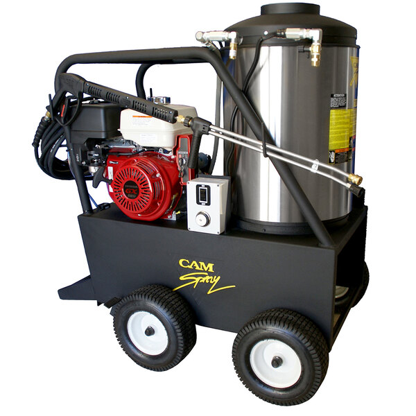 A Cam Spray portable gas hot water pressure washer with a hose attached.