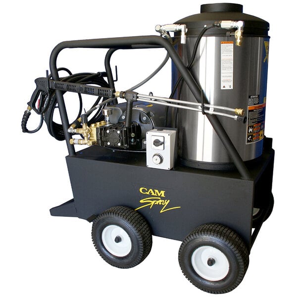 A Cam Spray portable electric hot water pressure washer with a hose attached.