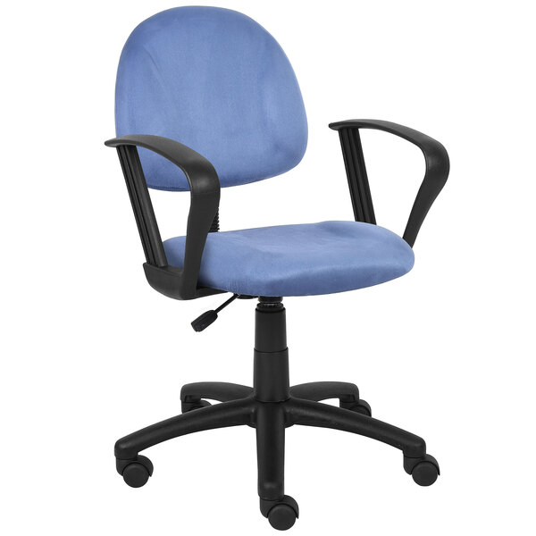A blue Boss office chair with black arms.