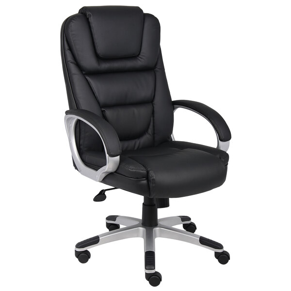 A Boss black leather office chair with chrome arms.