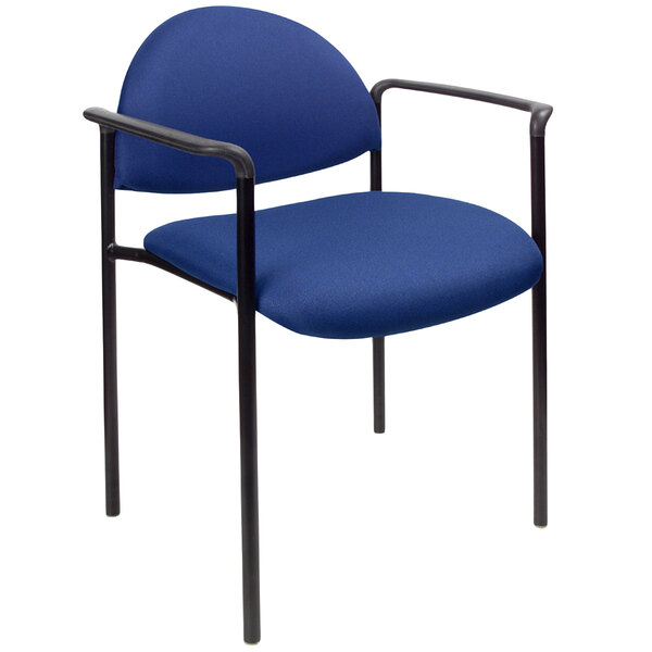 A Boss Diamond Blue stacking chair with black metal arms and legs.