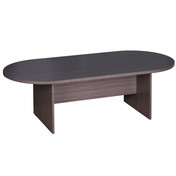 A Boss Driftwood laminate oval conference table with black and grey colors.