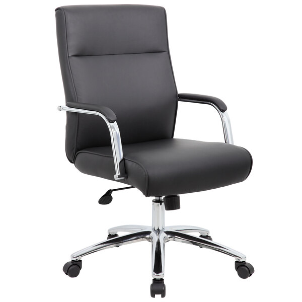 A Boss black office chair with chrome legs and wheels.