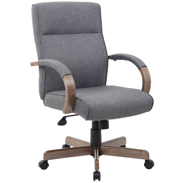 A Boss slate gray office chair with wooden arms.