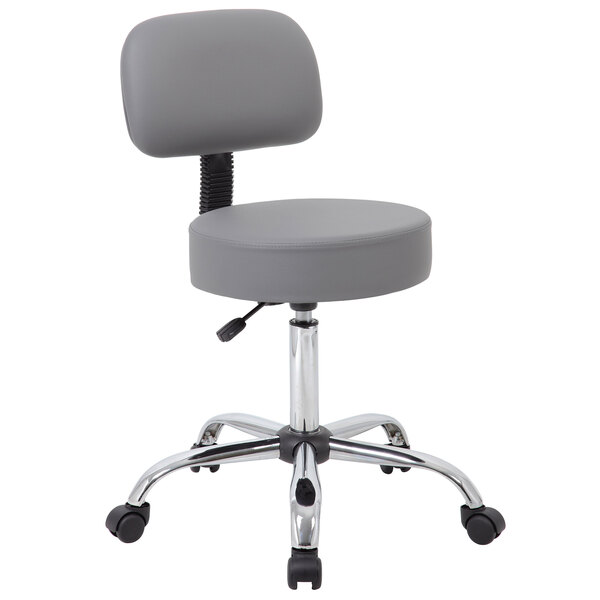 A gray Boss Office adjustable stool with wheels and a chrome base.