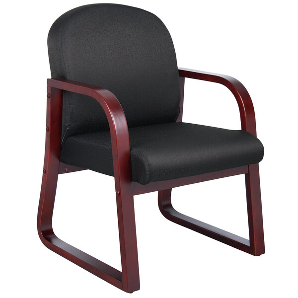 A black Boss side chair with wooden arms and legs.