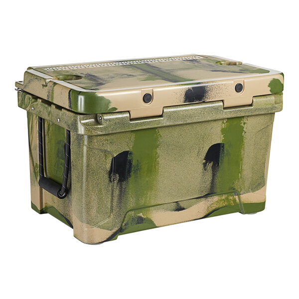 A CaterGator camouflage cooler with a lid.