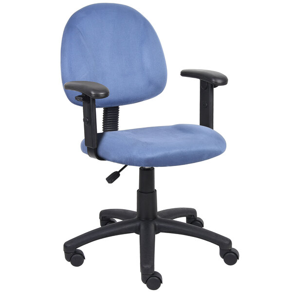 A blue Boss office chair with black wheels and arms.