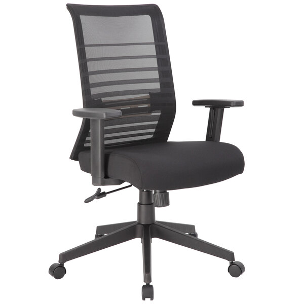 A Boss black mesh office chair with armrests.