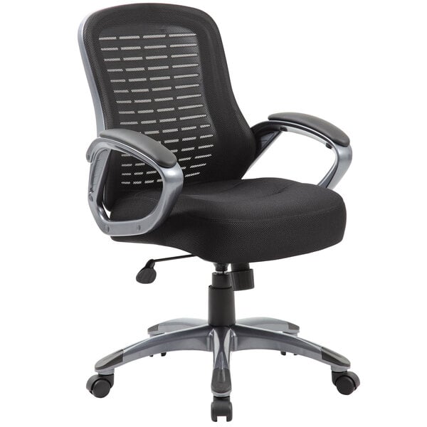 A Boss black mesh office chair with silver arms and a chrome base.