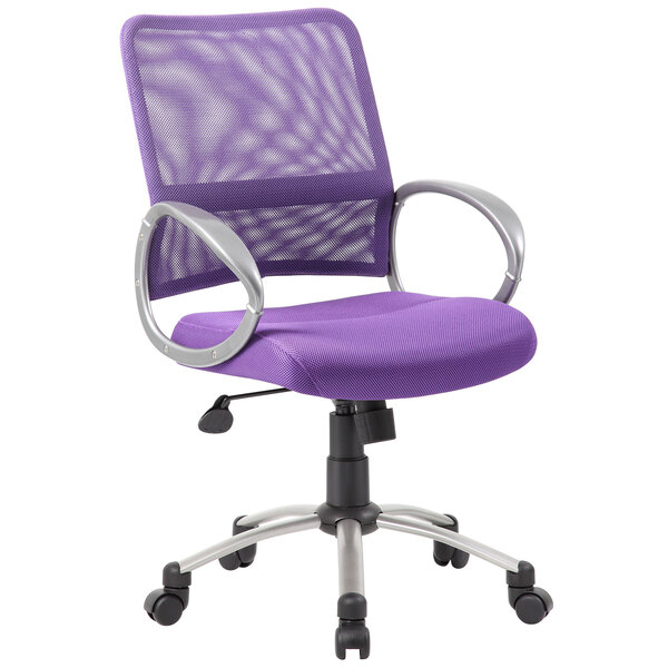 A Boss purple mesh office chair with pewter finish and casters.
