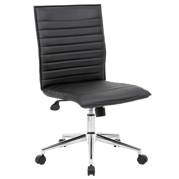 A Boss black vinyl armless office chair with chrome base.