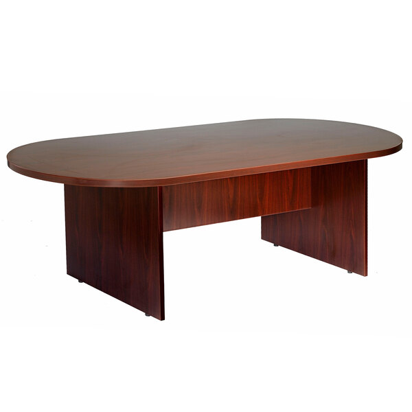 A Boss mahogany laminate oval conference table with a wooden top.