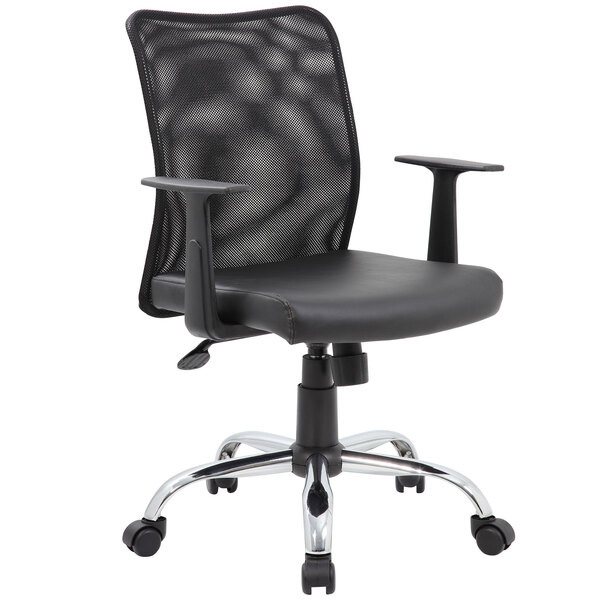 A Boss black mesh and vinyl office chair with arms.