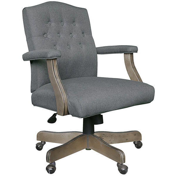A Boss medium gray linen office chair with wooden legs.